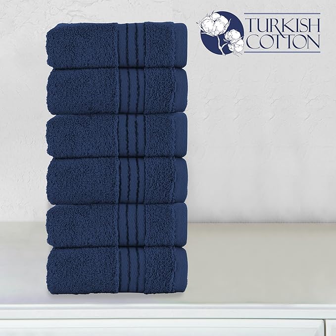 Elegant Comfort Premium Turkish Cotton 6 Pack Washcloths Set - 13 x 13 inch, Luxurious Hotel Spa Quality 100% Turkish Cotton 6PC Washcloth Set - Highly Absorbent - Soft Bathroom Towels, Navy Blue
