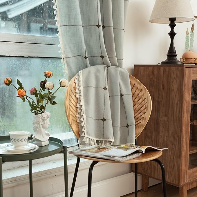 Sutuo Home Boho Curtains for Kitchen Nursery 63 Inch Length, Light Filtering Farmhouse Linen Vintage Chic Tassels Checkered Window Treatment Bohemian Drape for Decor 1 Panel 52" W x 63" L, Cream Grey