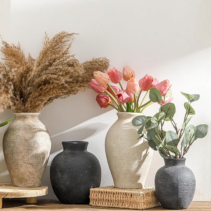 Ceramic Flower Vase Home Decor - Farmhouse Table Vases Rustic Vintage Living Room Kitchen Bedroom Decorations for House Book Shelf Office Coffee Desk Dining Fireplace (7.4" Black)