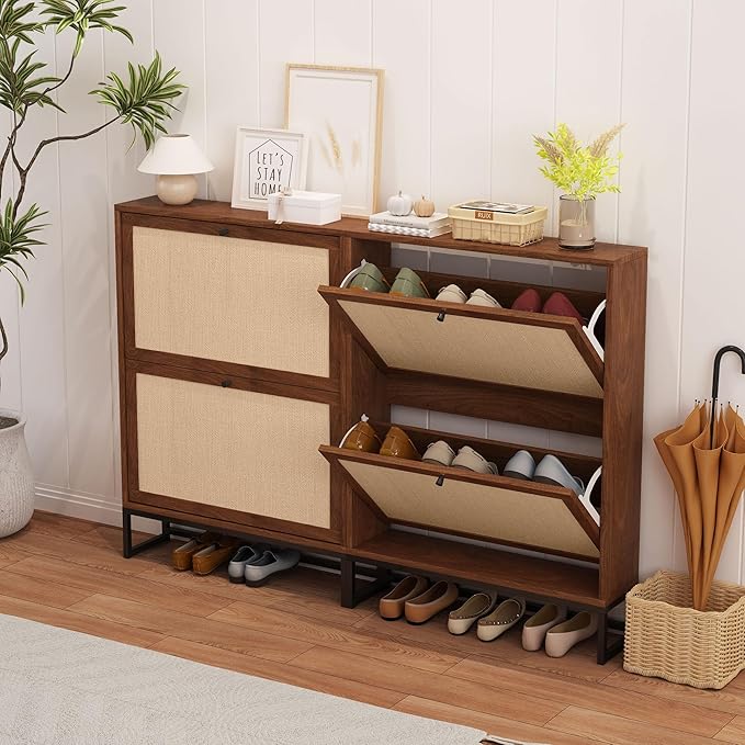 AVZEAR Freestanding Shoe Organizer with 2 Flip Drawer Doors, Entryway & Closet Shoe Storage, Linen Doors, Walnut