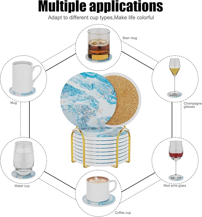 Coasters for Drinks Set of 8, Absorbent Mountainous Region Marble Style with Metal Golden Holder, Ceramic Coaster Set Cup Mat for Home Decor, Bar, Kitchen, Party