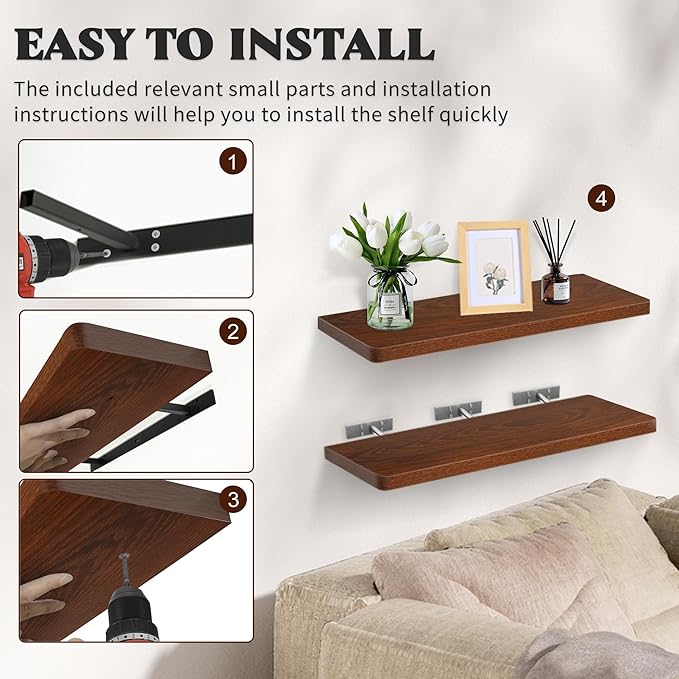 Floating Shelves for Wall,Rustic Wood Shelves Floating for Bathroom Living Room Bedroom and Kitchen,Long Hanging Shelf for Books/Storage Room/Decor (Rustic Brown,Set of 2,24 in)