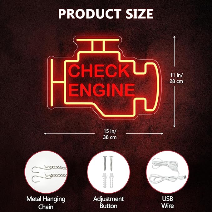 Check Engine Neon Sign, 15 * 11in Garage Led Neon Light, Dimmable LED Neon Signs for Wall Decor, Powered by USB Neon Sign, Wall Art Gift for Men, Neon Signs for Man Cave Garage Room Auto Repair Shop
