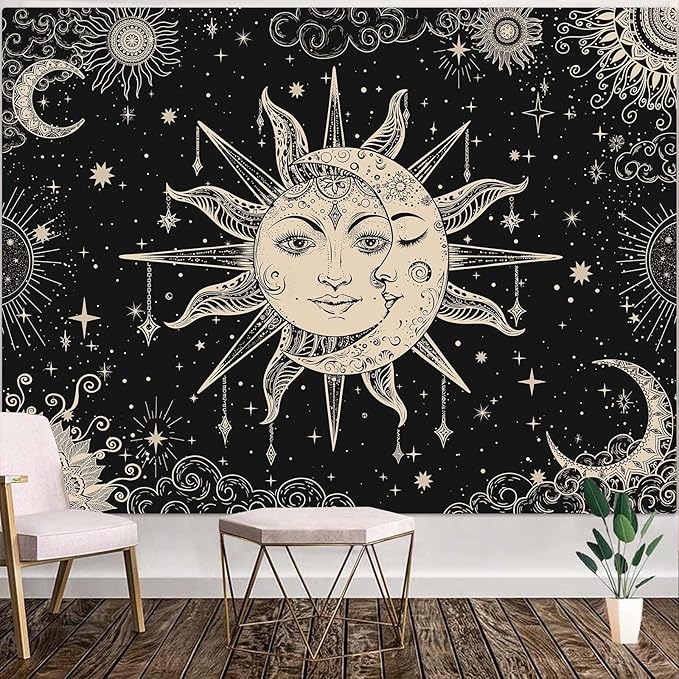 Lunerfex Sun and Moon Tapestry Mandala Wall Tapestry, Vintage Tapestries for Bedroom Ceiling Tapestries Wall Hanging for Bedroom Living Room Wall Decor Sun-2 60"x80"