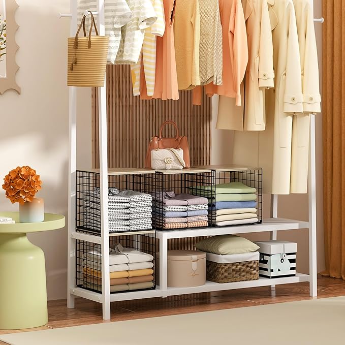 4-Tier Stackable Closet Organizers and Storage Basket, Shelves with Wood Top, Foldable Clothes Storage Bin/Cube Drawer Organizer for Wardrobe, Space-Saving, Closet Organization,Black(Patent Pending) ๏ปฟ
