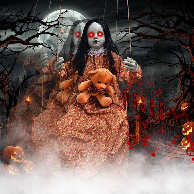 Scary Halloween Decorations Outdoor, Halloween Hanging Swinging Doll Girl with Sound & Slap Activated, Light Up Eyes Creepy Sound Expressions, Large Scary Halloween Decor Props for Indoor Outside