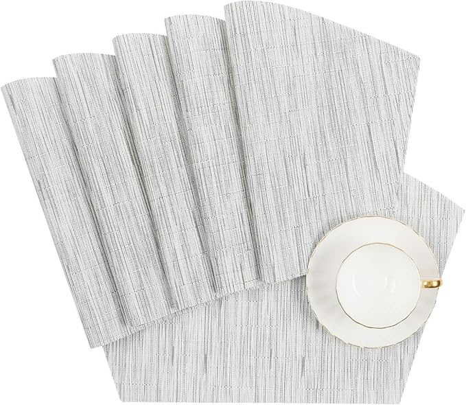 SHACOS Wedge Placemats Set of 8 Woven Vinyl Placemats for Small Round Table Place Mats Wipe Clean Non Slip Table Mats, Gray White
