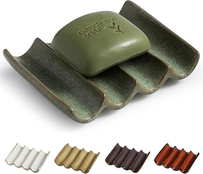 Draining Ceramic Soap Dish - Fluted Design, Bar Soap Holder for Shower & Bathroom, Soap Saver Sponge Lift, Green