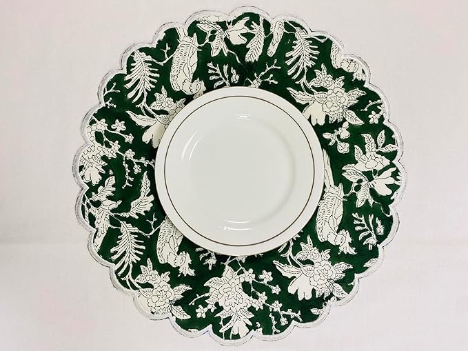 Ridhi Riffle Green Bo-ho Round Place Mat Double Layer Floral Cotton Washable Placemats 15" Round Embroidery Block Print Table Mat Pack of 4-15 Inch Round