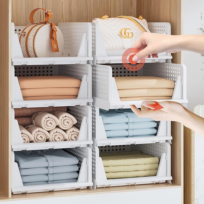 Neprock Clothes Organizers and Storage, 5 Pack Stackable Plastic Bins, Foldable Closet Organizers Drawers for Clothing storage (5L)(White)