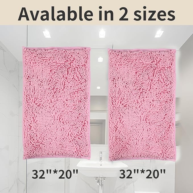 ZiYiJuan Bathroom Rugs, Super Absorbent Luxury Shaggy Chenille Bath Mats, Durable (Pink, 20x32+20x32(in)