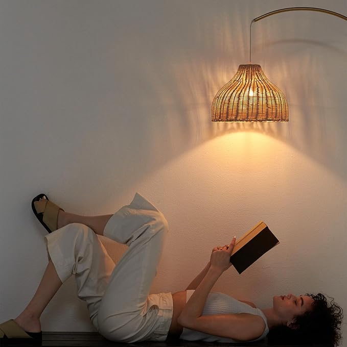 Brightech Lark Arc Lamp for Living Rooms & Offices, Floor Lamp with Unique Hanging Wicker Shade, Standing & Tall for Bedroom Reading, Matches Boho and Other Living Room Decor, Brass