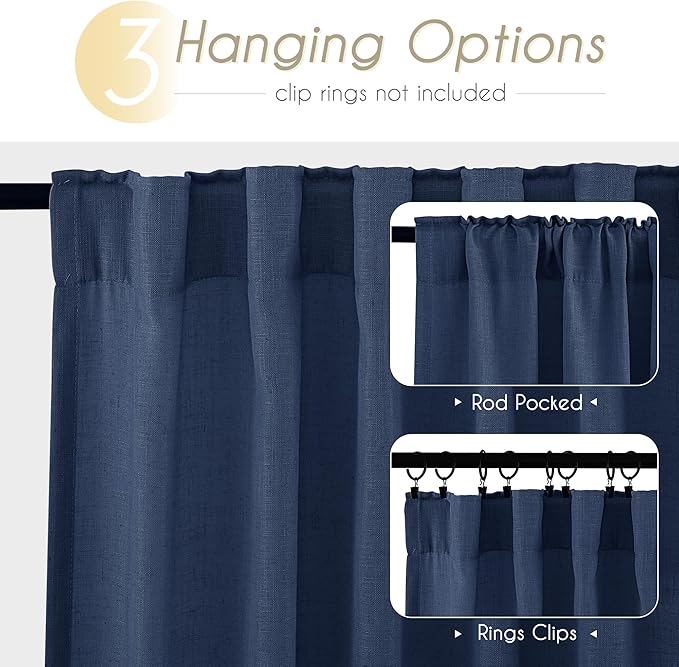 Navy Blue Curtains 108 inch Length for Bedroom Back Tab Light Filtering Semi Sheer Blue Living Room Curtains Linen Cotton Textured Indigo Blue Drapery Panel Modern Farmhouse Aesthetic Decor Dark Blue