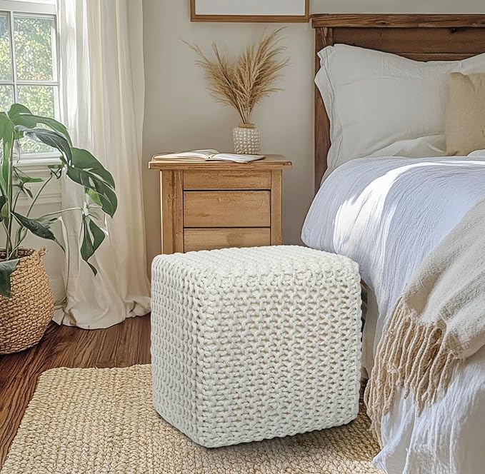COTTON CRAFT Braided Cube Pouf - Hand Knitted Cotton Cord Cable Dori Ottoman - Foot Stool - Floor Pouf - Footrest - Portable Lightweight Accent Seat - Living Room Bedroom Dorm - 15 x 15 Square - Ivory