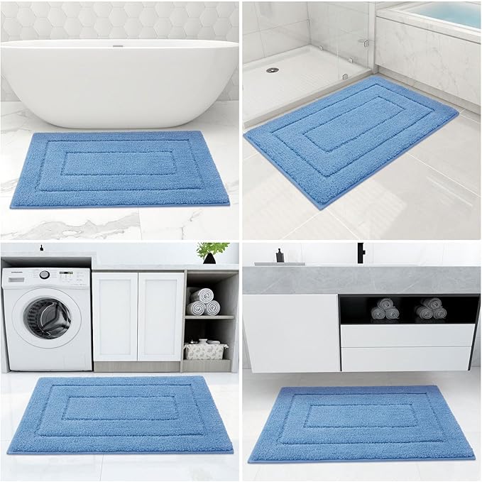 Buganda Bathroom Rugs, 24" x 16", Soft and Absorbent Microfiber Bath Rugs, Non-Slip Shaggy Shower Carpet, Machine Wash Dry Bath Mats for Bathroom Floor, Tub and Shower, Blue