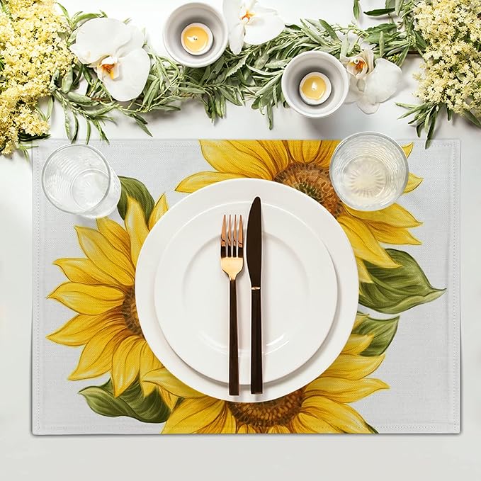 Sunflower Placemats Set of 4 Watercolor Sunflower Washable Non-Slip Heat Resistant 12×18 Inch Summer Florl Thick Place Mats Decorative Linen Fabric Table Mat for Dining Table