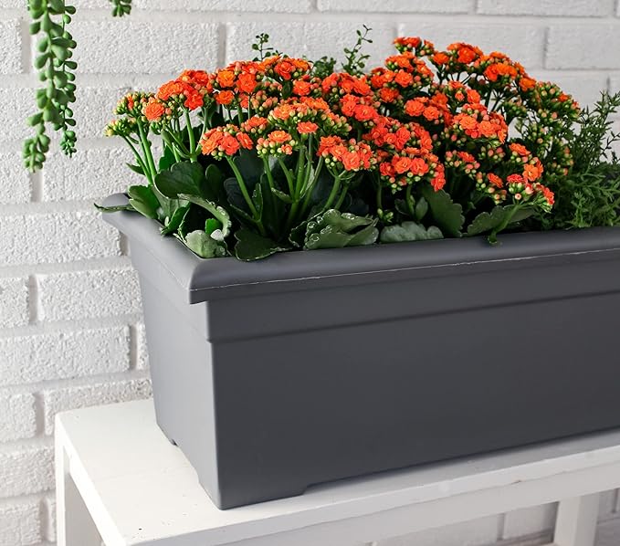 The HC Companies 28 Inch Romana Large Rectangular Planter Box - Lightweight Plastic Outdoor Plant Pot with Drainage for Decks, Patio, Pool, Warm Gray