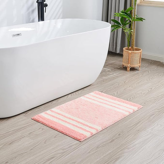 CozeCube Pink Striped Bath mats for Bathroom Non Slip, Fluffy Absorbent Microfiber Bath mat Washable, Aesthetic Bathroom Rugs, Cute Bath mat for Sink, 24" x 16"