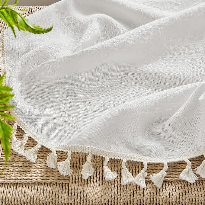 Joydeco White Boho Curtains 84 Inch Length 2 Panels, Super Soft Bohemian Farmhouse Curtains with Tassels, Semi Sheer Light Filtering Drapes for Bedroom Living Room (Rod Pocket, 52Wx84L)