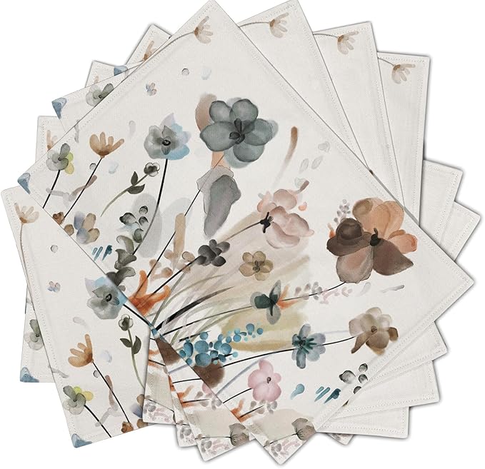 Brown Cream Grey Teal Floral Placemats Set of 6 Watercolor Flowers Place Mats Washable Dining Rustic Abstract Floral Farmhouse Linen Table Mats Stain Heat-Resistant Cloth Table Mat Decor 12x18 in