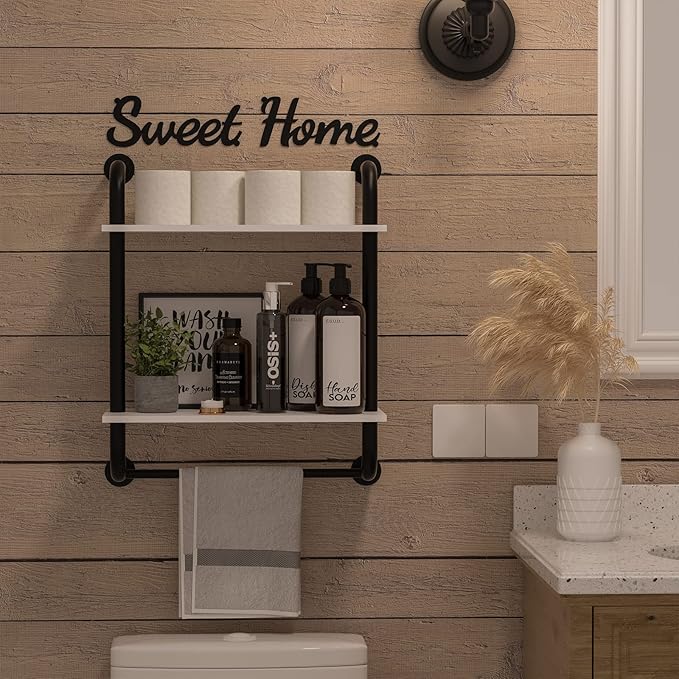 Bathroom Shelves Wall Mounted, Rustic Farmhouse Pipe Shelves 2-Tier, Floating Shelf Wall Decor for Bathroom, Kitchen, Bedroom, Living Room 17.3in White