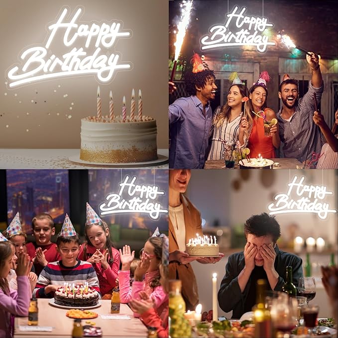 Large "Happy Birthday" Neon Sign, USB & Battery Powered (14.3"x22.4"), Adjustable Brightness, White LED Wall Decor for Parties & Celebrations