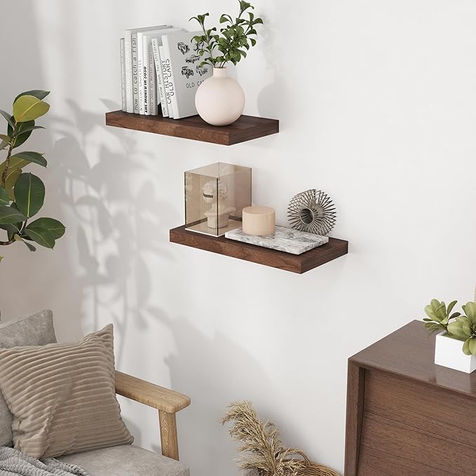 Floating Shelves 16"W x 9"D Set of 2, 9.3 Inch Deep Floating Shelf for Wall, Wall Mounted Bathroom Shelves, Wide Wall Shelves for Books, Rustic Floating Shelves for Living Room, Kitchen, Walnut Color
