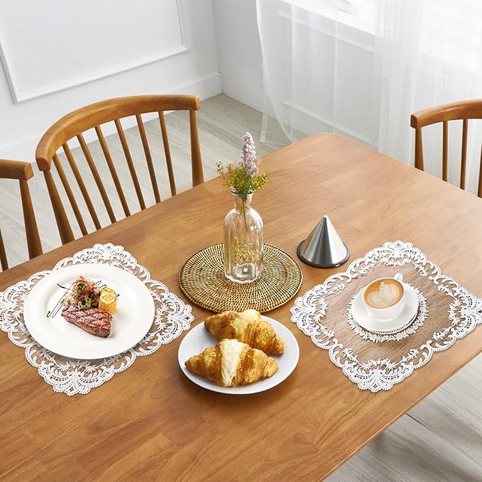 AVLA 6 Pack Lace Placemats, Retro French Style Cup Mat, Embroidered Dinning Table Place Mats, Fashionable Flower Vintage Crochet Lunchmat Doilies, Square Hollow Vase Mat for Home Wedding Decoration