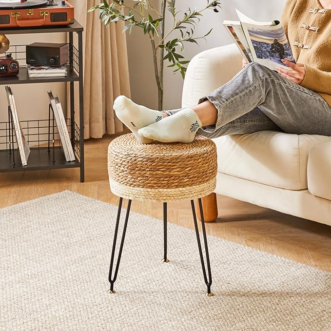 YMYNY Pouf Ottoman, Handmade Natural Water Hyacinth, Pastoral Style Footrest, Footstool with 4 Metal Legs Round Vanity Stool for Bedroom, Hallway, Living Room 12.59"L×12.59"W×17.71"H White UHBD029W