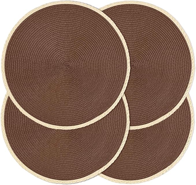Noctiflorous Round Braided Placemats Set of 4 Table Mats 15 Inches Washable Heat Resistant for Dining Table Non-Slip Indoor Outdoor Place Mats for Easter(01 Chestnut Brown 4)