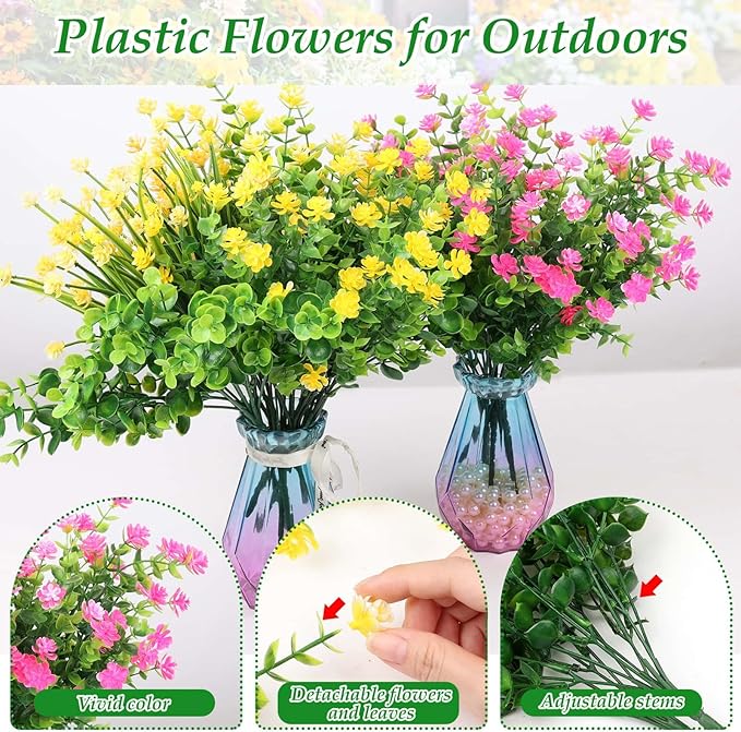 20 Bundles Realistic Artificial Flowers for Outdoors, UV Resistant No Fade Fake Flowers with Plastic Faux Shrubs Plants for Garden Patio Porch Window Box Home Wedding Farmhouse Outside Hanging Decor