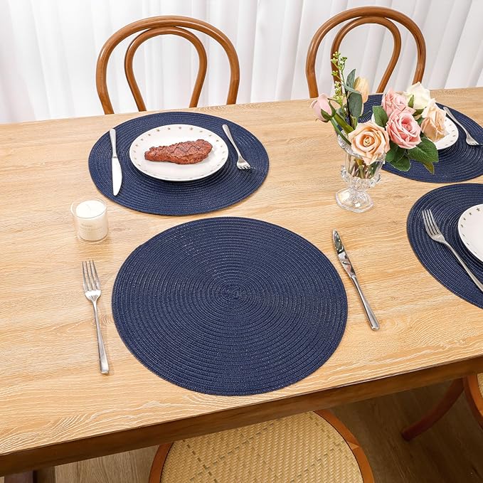 SHACOS Round Placemats Set of 6 Washable 15 inch Circle Cotton Polyester Woven Braided Place Mats for Dining Table Indoor Outdoor Table Mats Home Party Wedding Decor (Navy, 6)