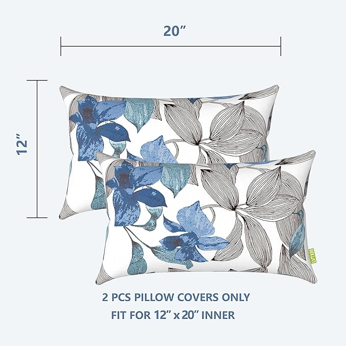 LVTXIII 2 Pack Outdoor Lumbar Pillow Covers, Water Repellent Lumbar Cushion Cases ONLY, 12 x 20 Inch Decorative Lumbar Pillow Cases for Home Patio Garden Furniture Ornament, Clemens Noir Blue
