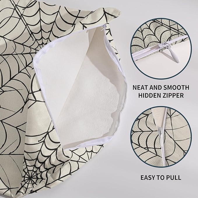 Halloween Spiderweb Pillow Covers 24x24 Set of 2 Cream Black Web Outdoor Decorative Throw Pillows Halloween Scary Themed Farmhouse Pillowcases Linen Cushion Case Decor for Home Sofa Couch Bed