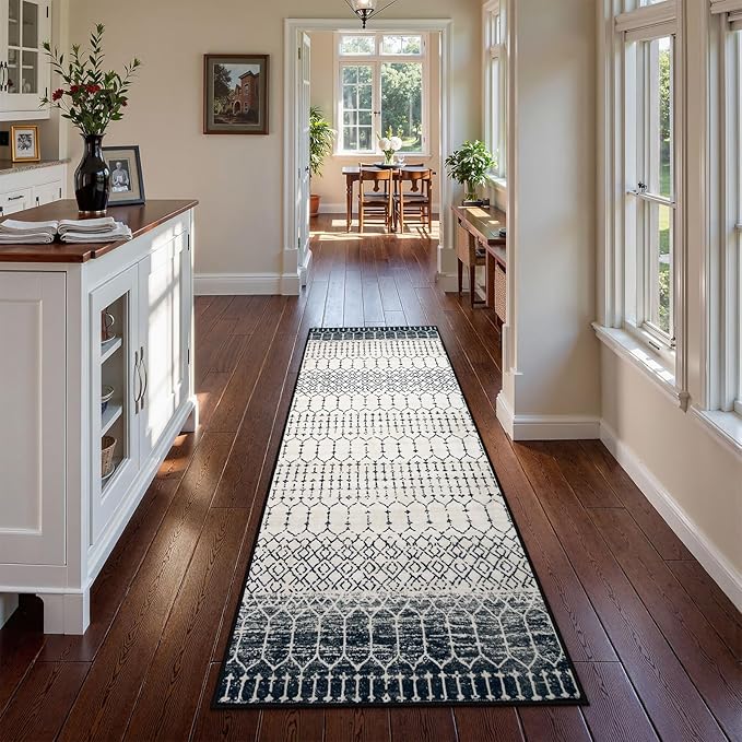 Lahome Moroccan Hallway Runner Rug, Washable Black 2x8 Rug Runner Ultra-Thin Stain Resistant Kitchen Carpet with Rubber Backing Non Slip, Geometric Print Floor Carpet Mat for Entryway Bedroom