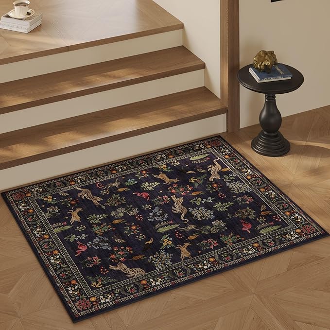 Door Mat Indoor Entrance 2x3 Rug Machine Washable Boho Floral Animal Small Area Rug Non-Slip Low Pile Throw Rugs for Entryway, Kitchen, Front Door Indoor Entrance, Entry, Kids Room (Blue)