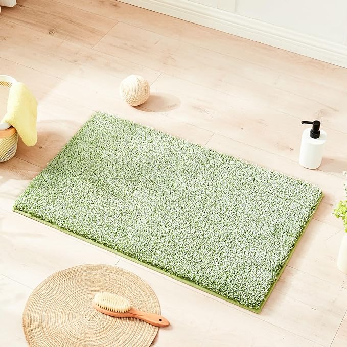 Douceur Sage Green and White Bathroom Rugs Non Slip, Luxury Thick Plush Shaggy Bath Mats for Bathroom Washable, Fluffy Absorbent Bath Rugs, Quick Dry Shower Mat Gifts, 24" x 16"