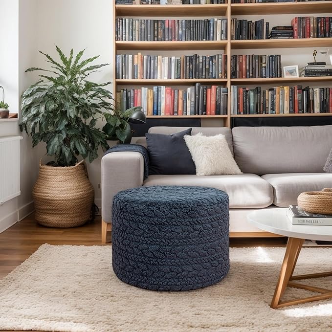 Round Pouf Ottoman 20 x 20 x 14 Inches Boho Poof Home Decor Floor Pouffe Ottoman Foot Rest for Couch Sofa Bean Bag Chairs Living Room Bedroom (Dark Blue)