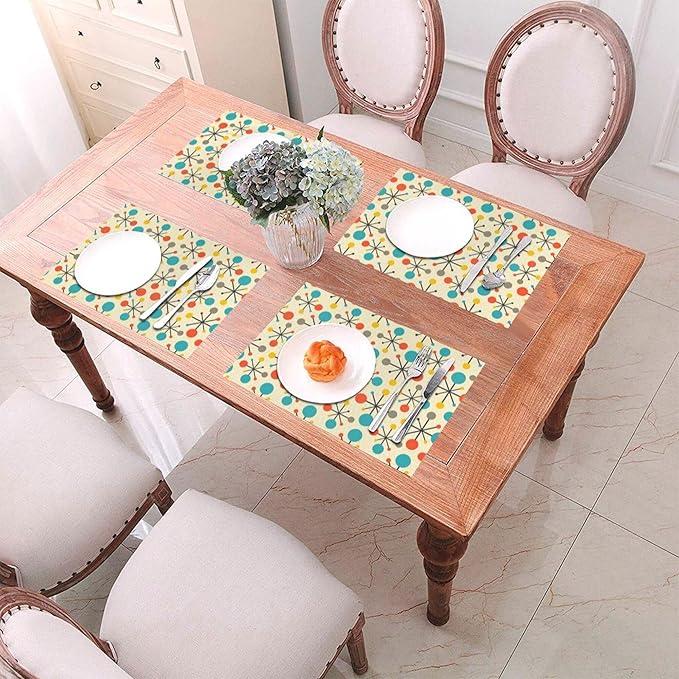 Mid Century Fifties Modern Atomic Retro Placemats Set of 4 Yellow Kitchen Table Mats for Dining Farmhouse Holiday Home Decor Linen Washable Place Mats 12"x18"