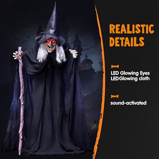 JOYIN 72" Outdoor Halloween Decorations Animatronics Witch with Cane, Life Size Animated Ghost Haunted House Prop Décor with Creepy Sound and Light-up Eyes, Party Supplies