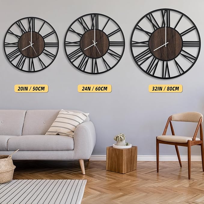 LEIKE Large Wall Clocks with Night Light Battery Operated,Silent Non Ticking,Rustic Modern Big Wood Clock for Living Room, Bedroom,Kitchen,Farmhouse,Office,Home Decor-24 Inch(Roman Numerals)