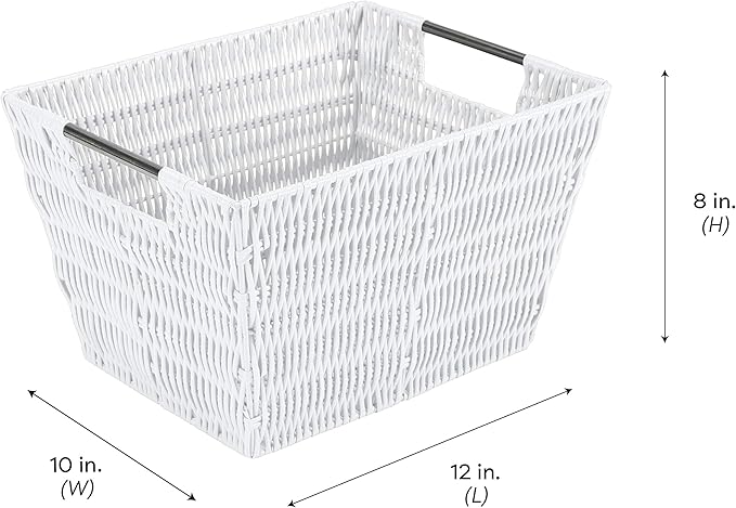 Simplify 12"x10"x8" Medium Woven Basket for Storage with Handles, Nursery, Playroom, Toys, Bedroom, Closet, Clothes, Office, Decorative Organizer Rattan Totes, White