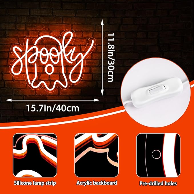 Halloween Ghost Neon Sign for Wall Decor,Orange Ghost Neon Sign Halloween Lights,Ghost Lights Halloween Decor for Kitchen,Bar,Bedroom,Halloween Party Decoration,15.7 * 11.8 inch(D255)