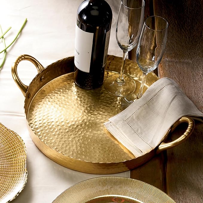Round Hammered Design with Handles - 13.75 Inch Gilded Gold Aluminum Multipurpose Serving Tray