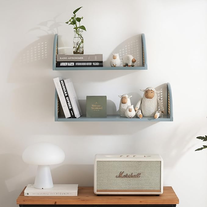 Floating Shelves for Wall,Rattan Wall Mounted Shelves for Wall Decor,Sturdy Wood Bathroom Shelves for Kitchen,Bedroom,Living Room,24.8 * 7.68 inch,Set of 2,Blue