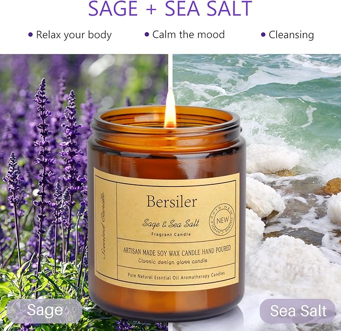 Aromatherapy Candles, Scented Candles, 7 OZ Sage Sea Salt Candles, Stress Relief and Relax for Home & Bedroom Gift for Women Birthday Christmas, Soy Wax Candle
