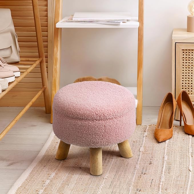 Ottoman Foot Rest, Small Round Ottoman with Storage, Boucle Teddy Velvet Footstool with Wood Legs, Soft Sponge Storage Ottoman for Living Room, Bedroom, Couch, Enterway (Pink)