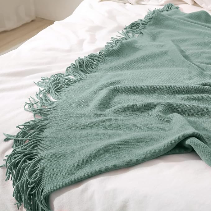 Homiest Decorative Knitted Throw Blanket with Fringe, Lightweight Acrylic Knit, Soft & Cozy Tassel Blanket for Couch, Sofa, Bed (Sage Green, 50 x 60 Inch)