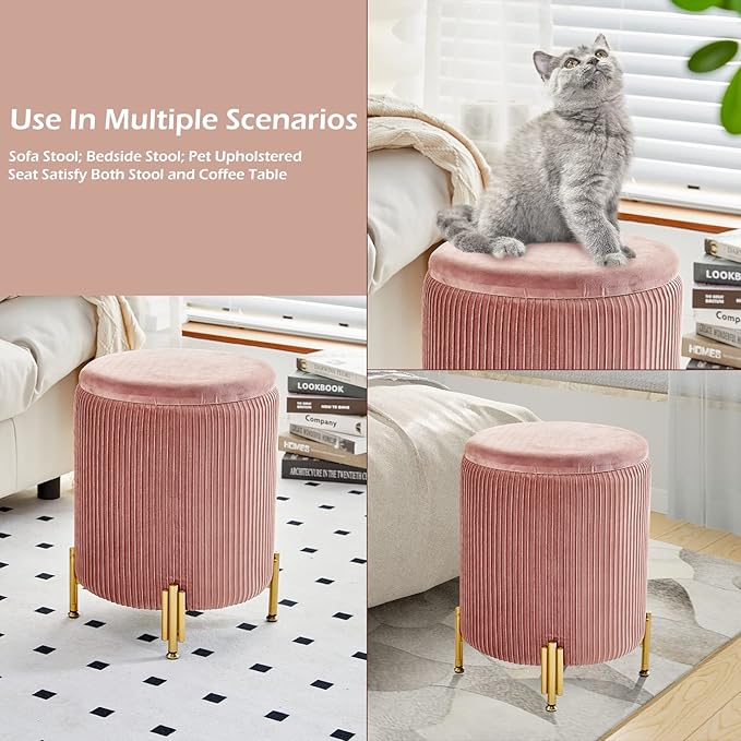 Mxfurhawa Round Ottoman Foot Stool with Storage and Metal Legs for Living Room Bedroom, Velvet Upholstered Footrest Stool Support 300lbs Modern Padded Seat Ottoman Coffee Table (Dusty Rose)