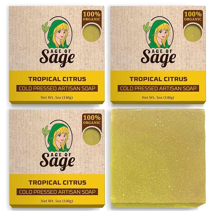 Natural Bar Soap for Women - Vegan Bath Soap Bars Gift Set - Handmade Cold Process Artisan Soap with Essential Oil, All Moisturizing Wash Soaps, Fragrant Tropical Citrus Scent by Age of Sage (4 Pack)